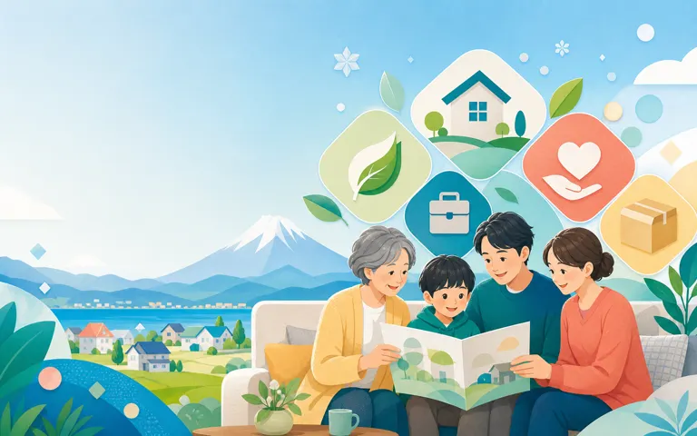 家族で住まい・省エネ・介護などの支援情報を確認する案内イラスト