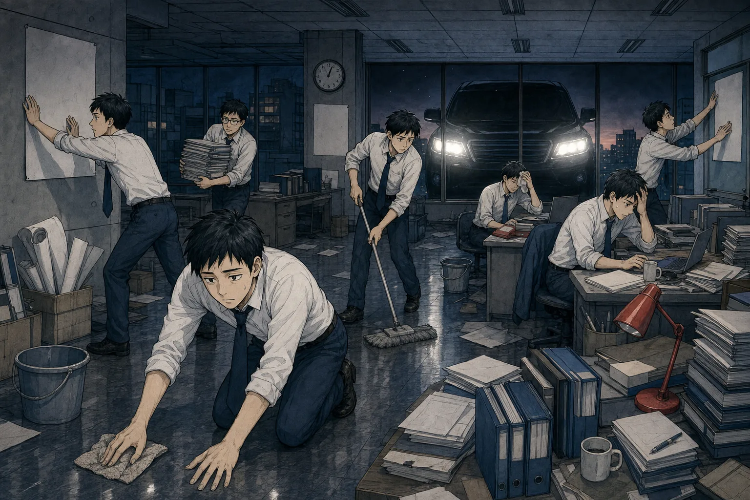 役員視察を前に深夜のオフィスを必死に掃除する社員たちのイラスト