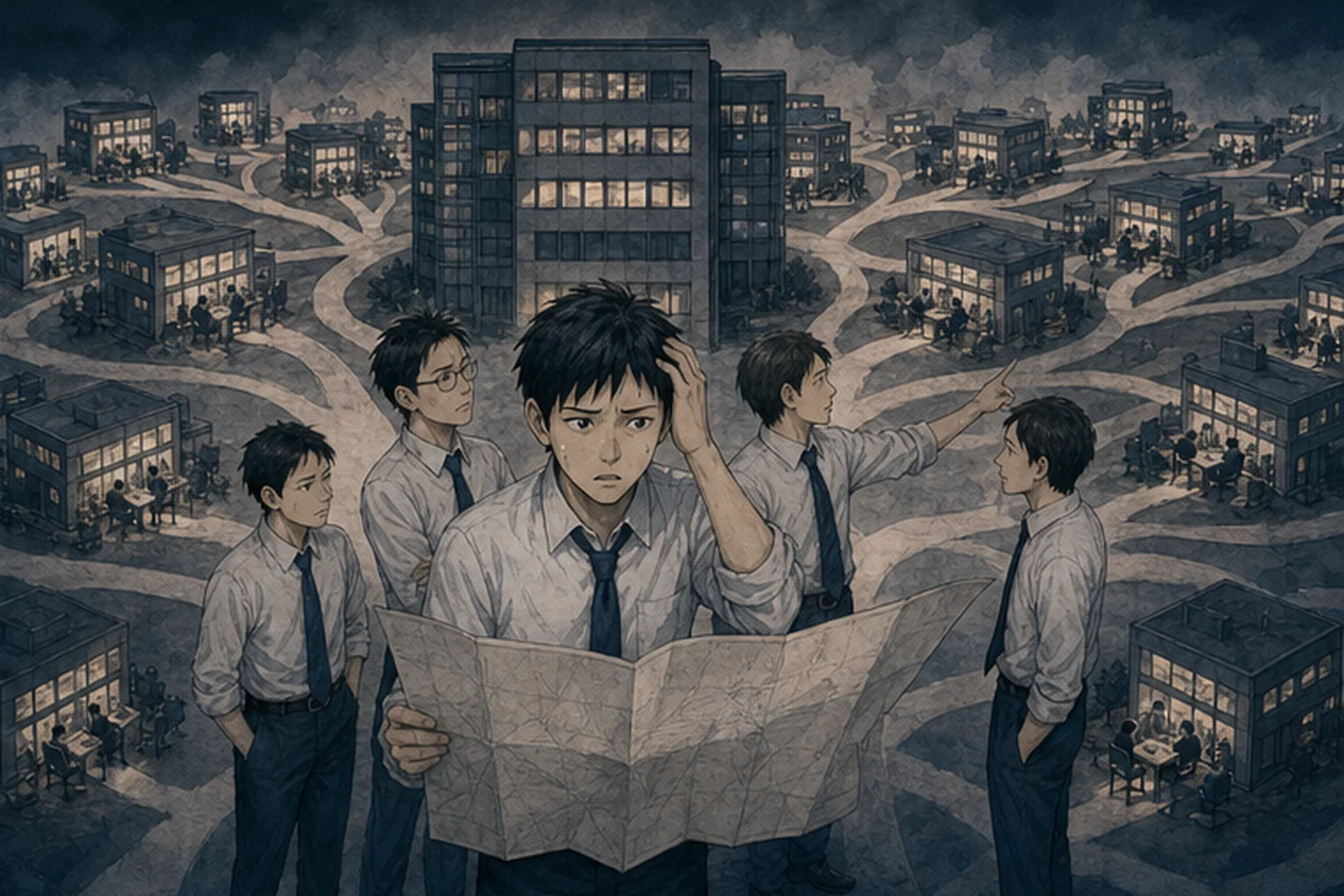 拠点の急拡大に管理職の育成が追いつかない様子を描いたイラスト
