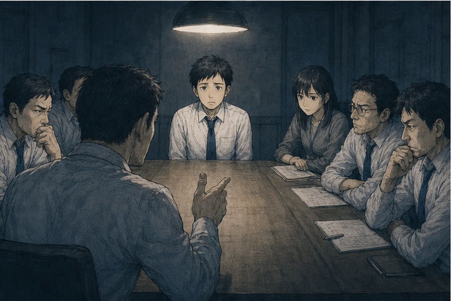 終業後の会議で厳しい質問を受ける若い社員のイラスト