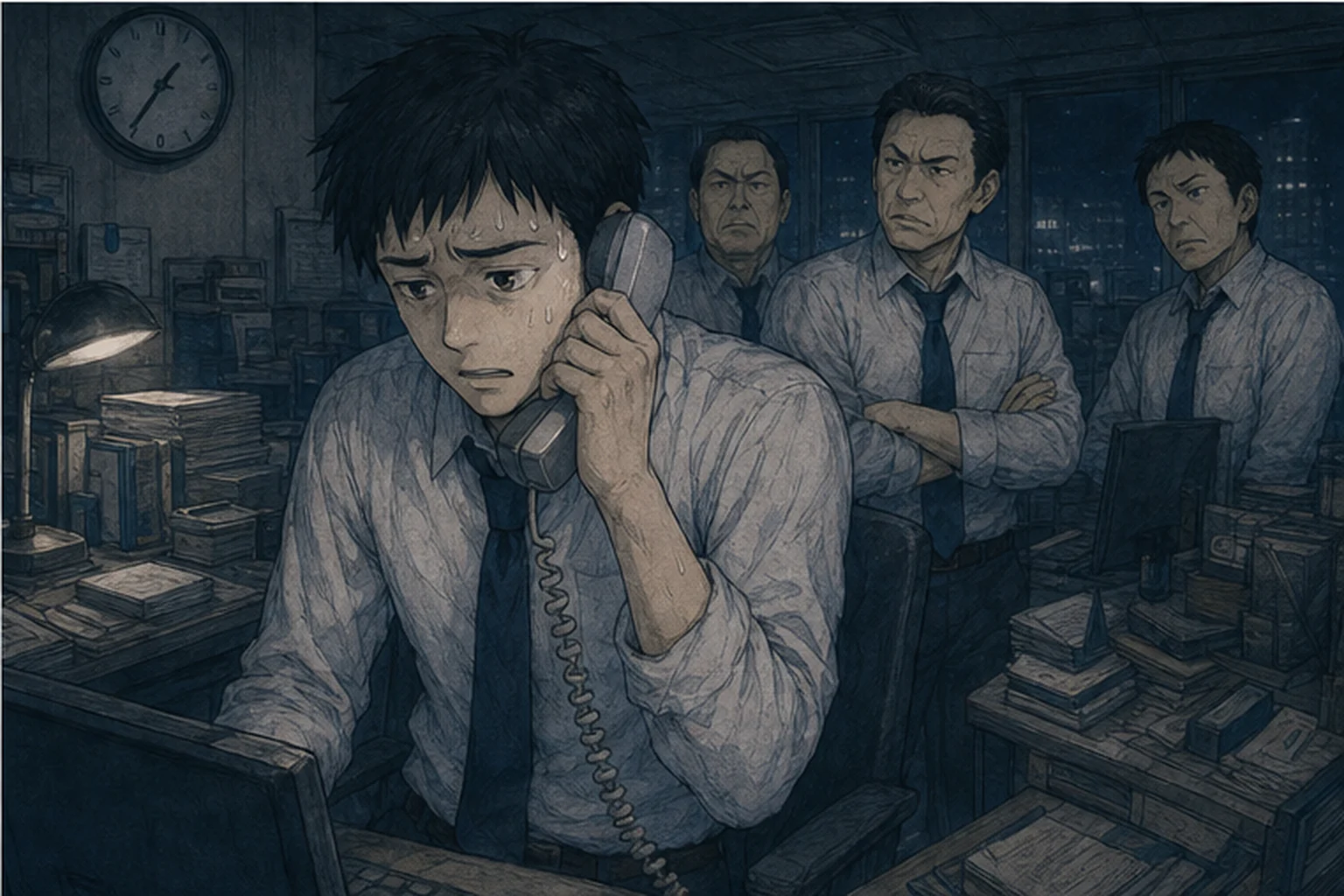深夜の職場で顧客へ電話をかける若い社員のイラスト