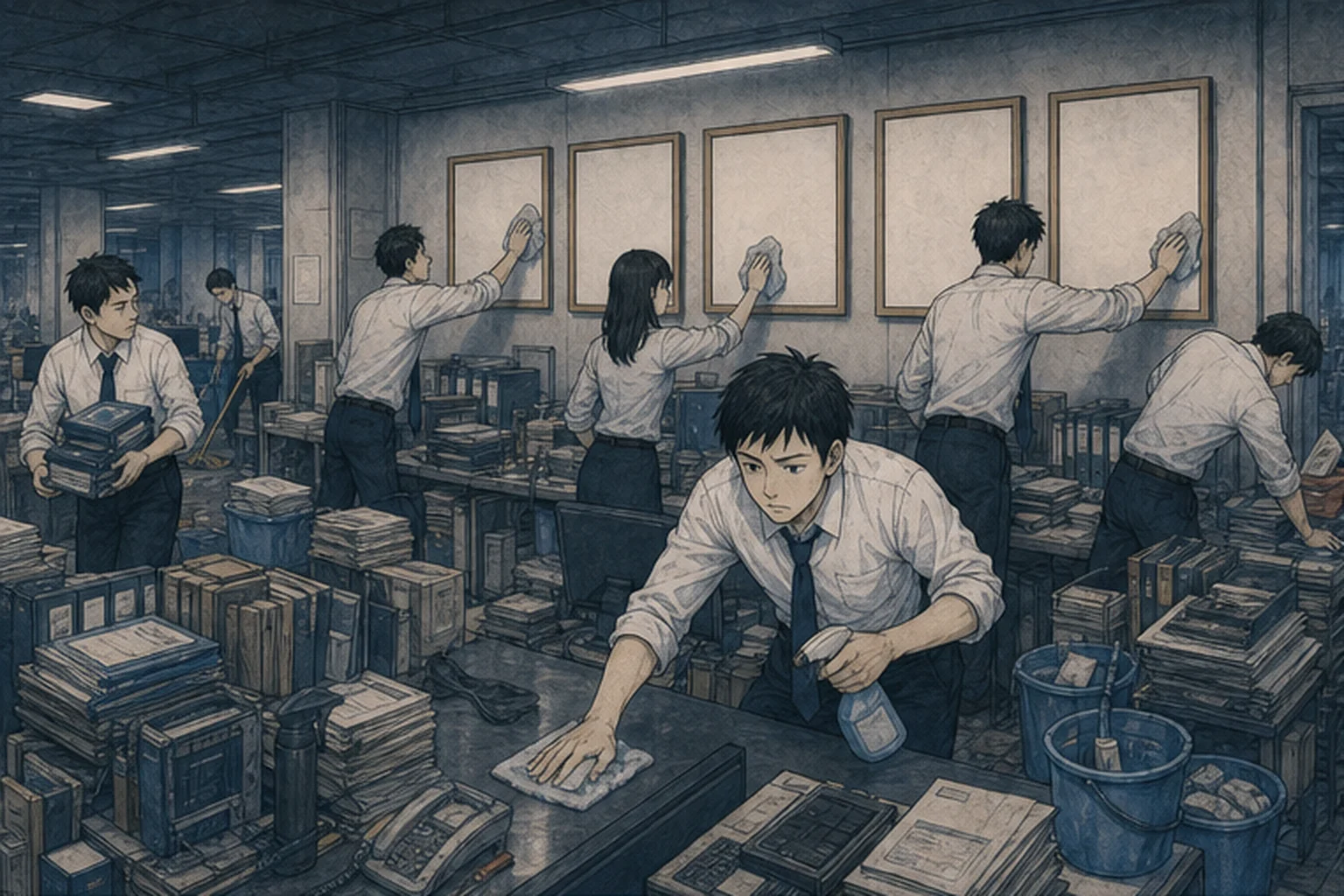 夜通し職場を掃除し掲示物を整える社員たちのイラスト