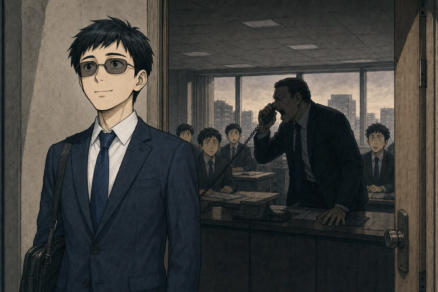 色の濃い眼鏡をかけた新卒社員が緊張感のある研修室へ入るイラスト