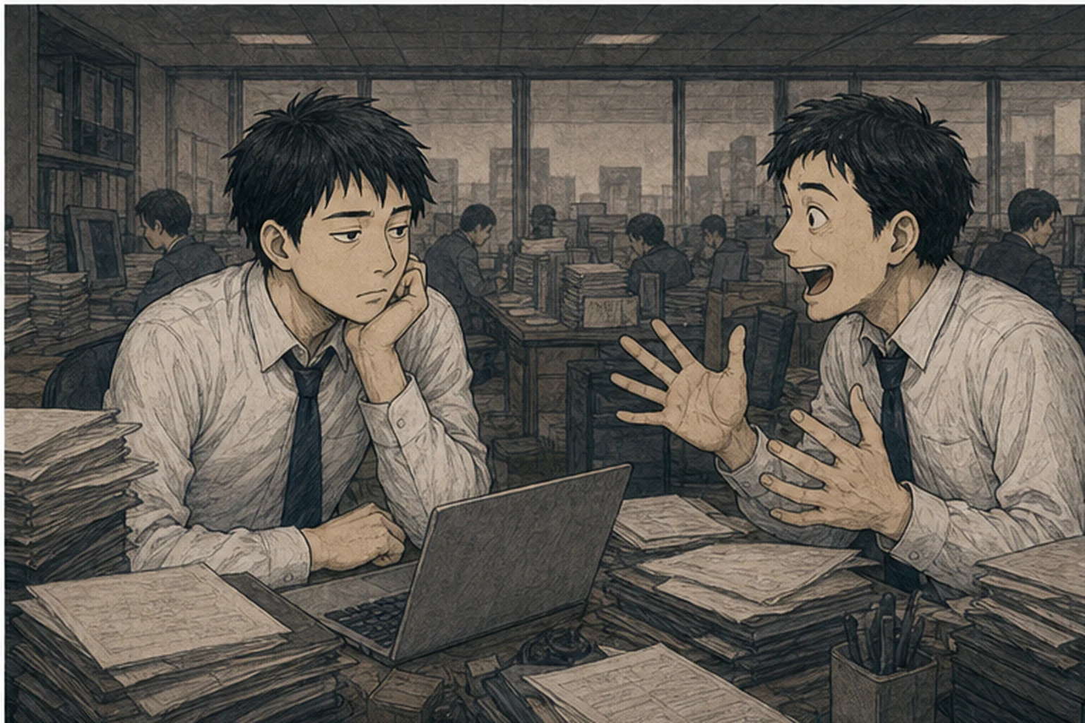 刺激の強い話を求める同僚へ乾いた表情を返す若い社員のイラスト