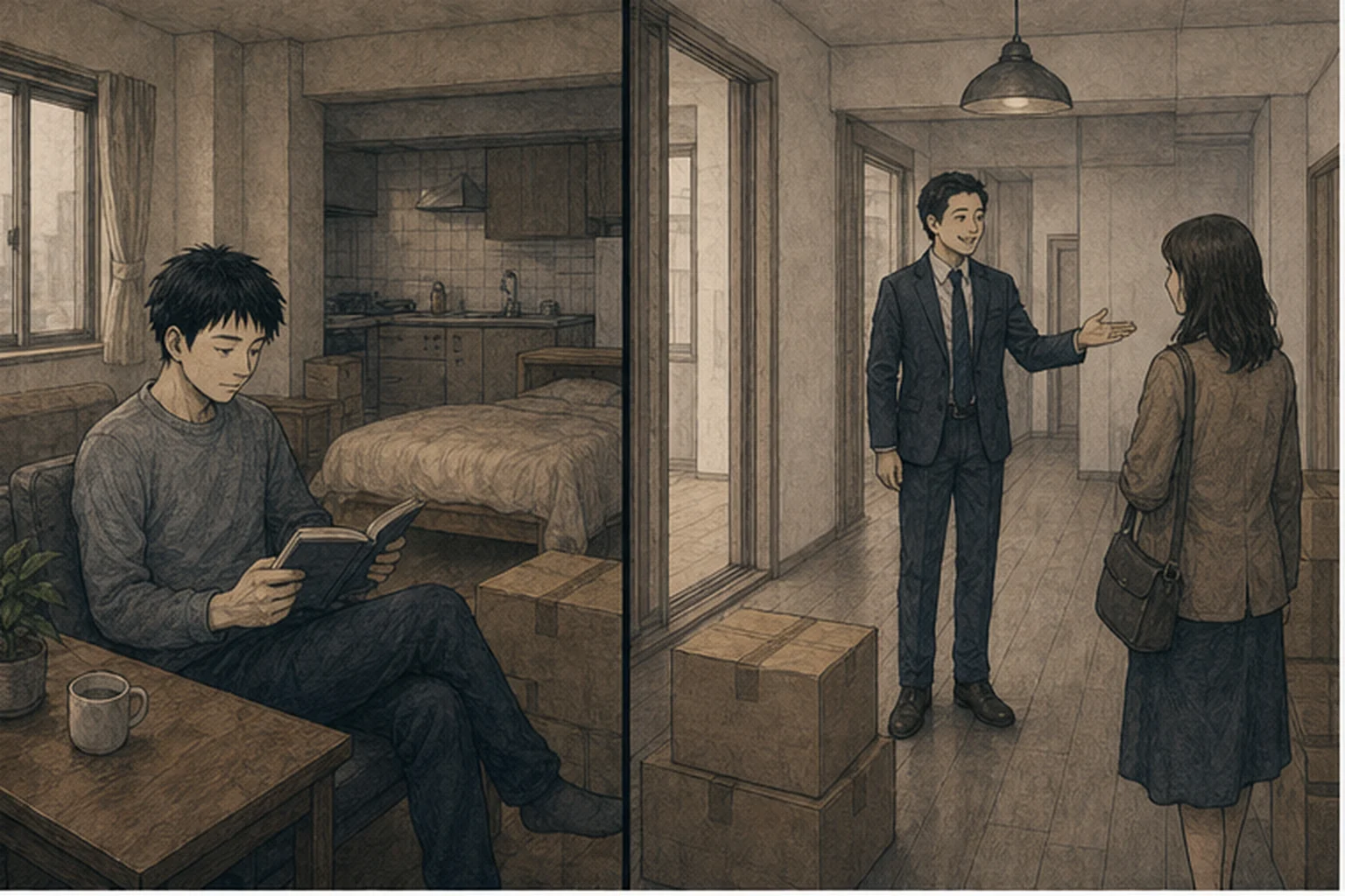 入居中の部屋が再び募集されてしまう矛盾を描いたイラスト