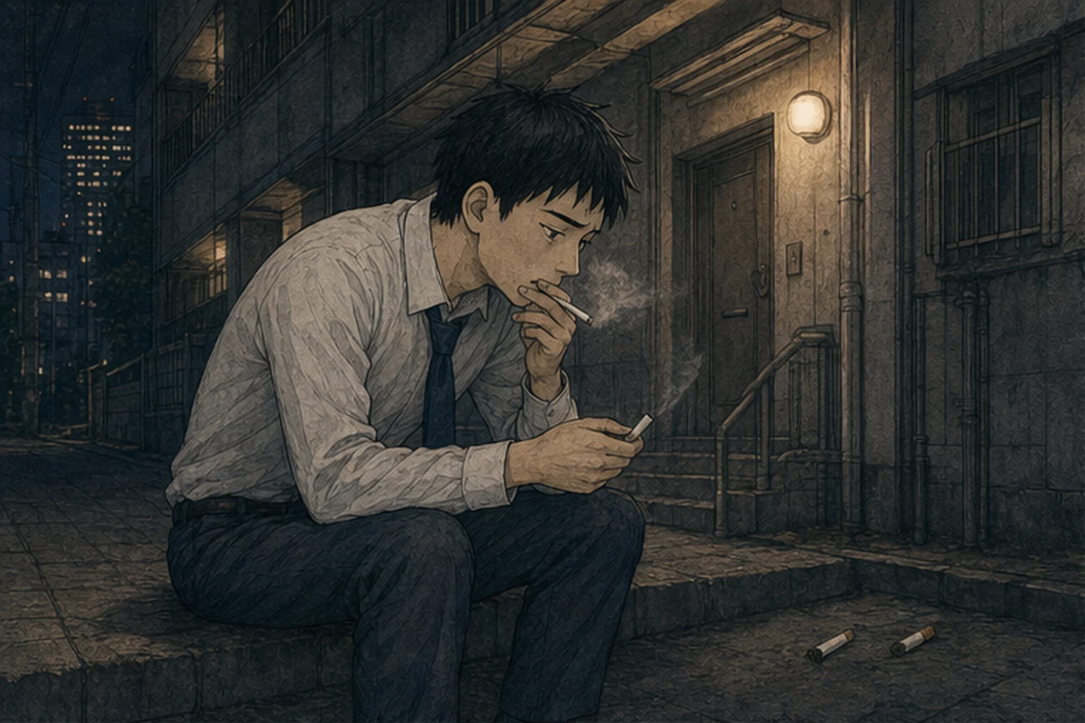 入居者へ連絡する前に建物の外で思い悩む若い社員のイラスト
