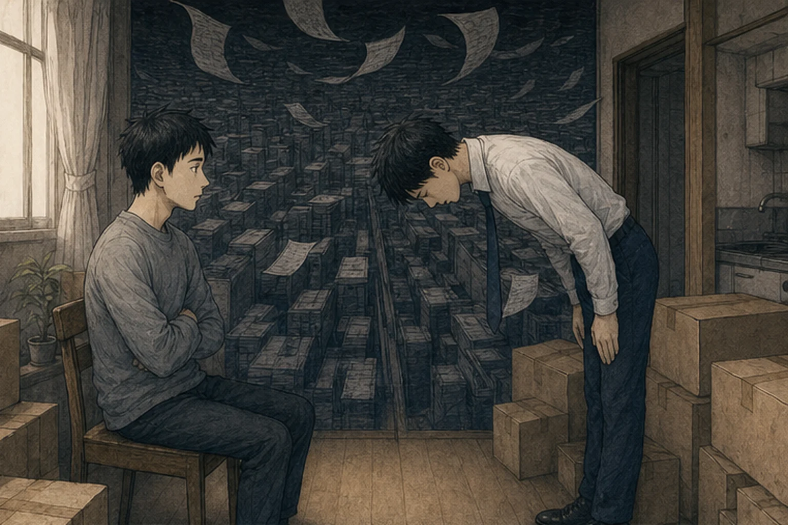 引っ越し箱のある部屋で翌日の退去を頼み深く謝る社員のイラスト
