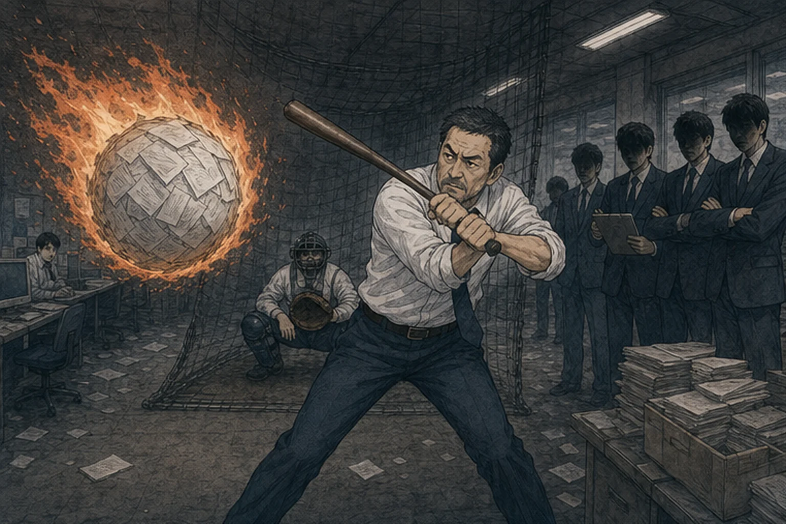 投手を狙う危険な打法を職場の野球訓練になぞらえたイラスト