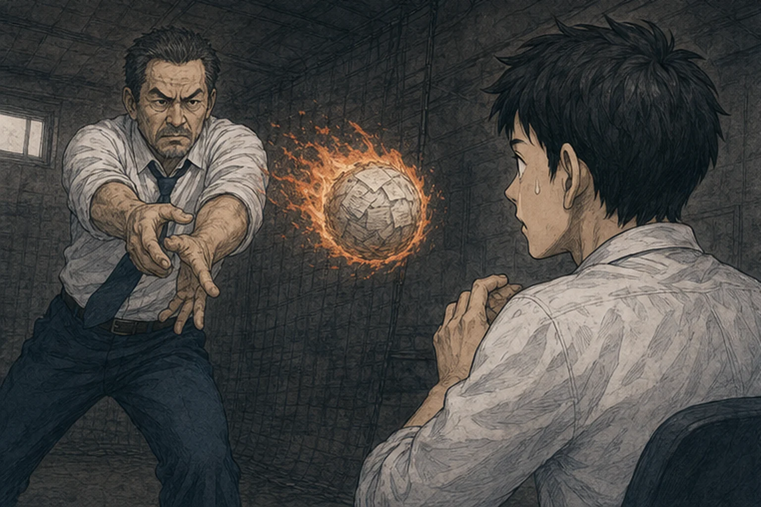 厳しい指導者が若い社員へ燃える紙のボールを放つ比喩的なイラスト