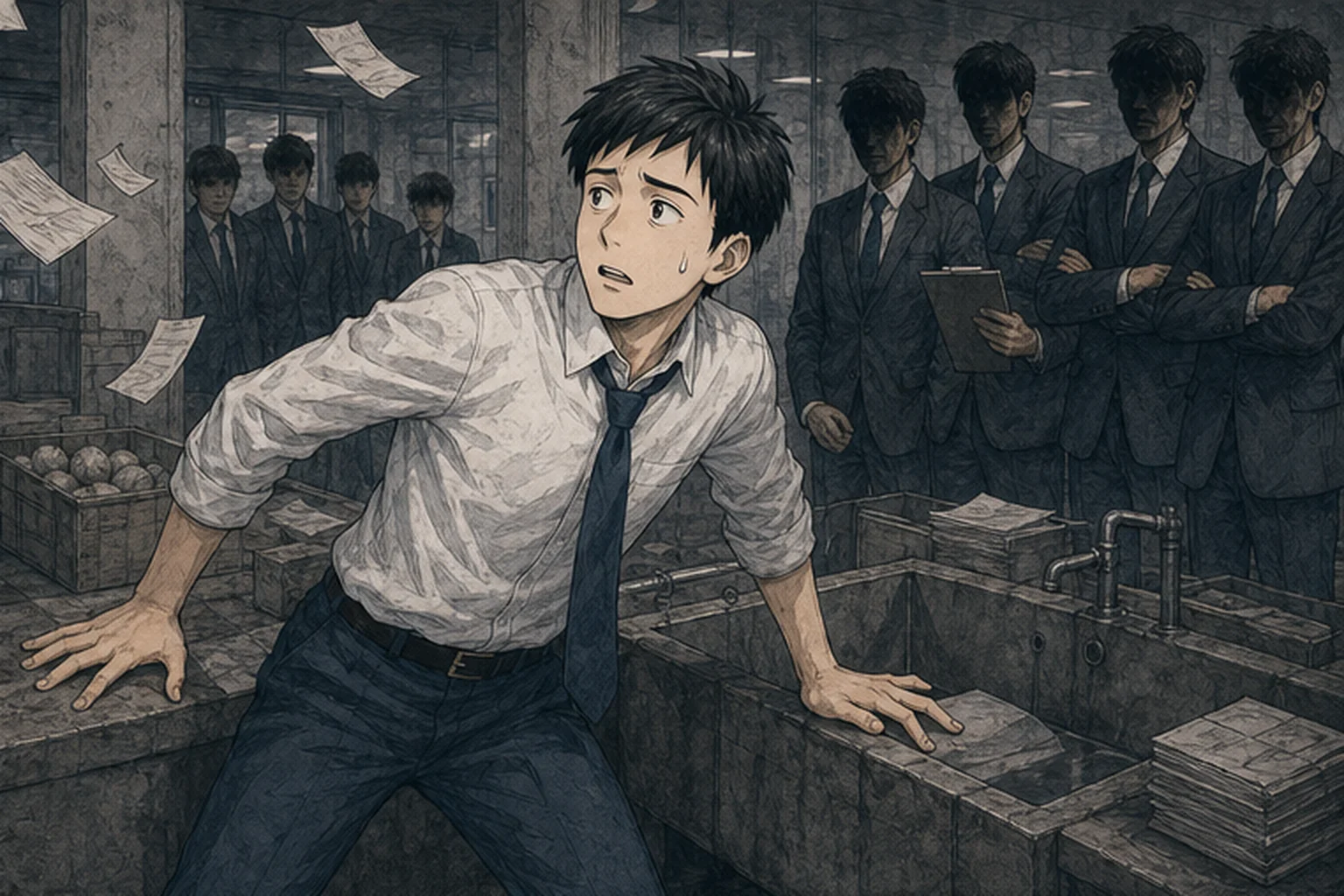 コンクリートの洗い場へ手をつき体勢を立て直す若い社員のイラスト