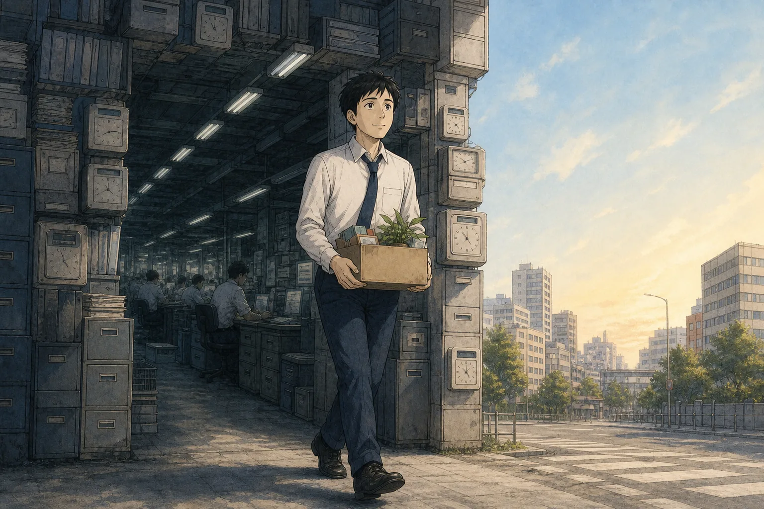 小さな箱を抱えた若い社員が夜明けの会社を後にするイラスト