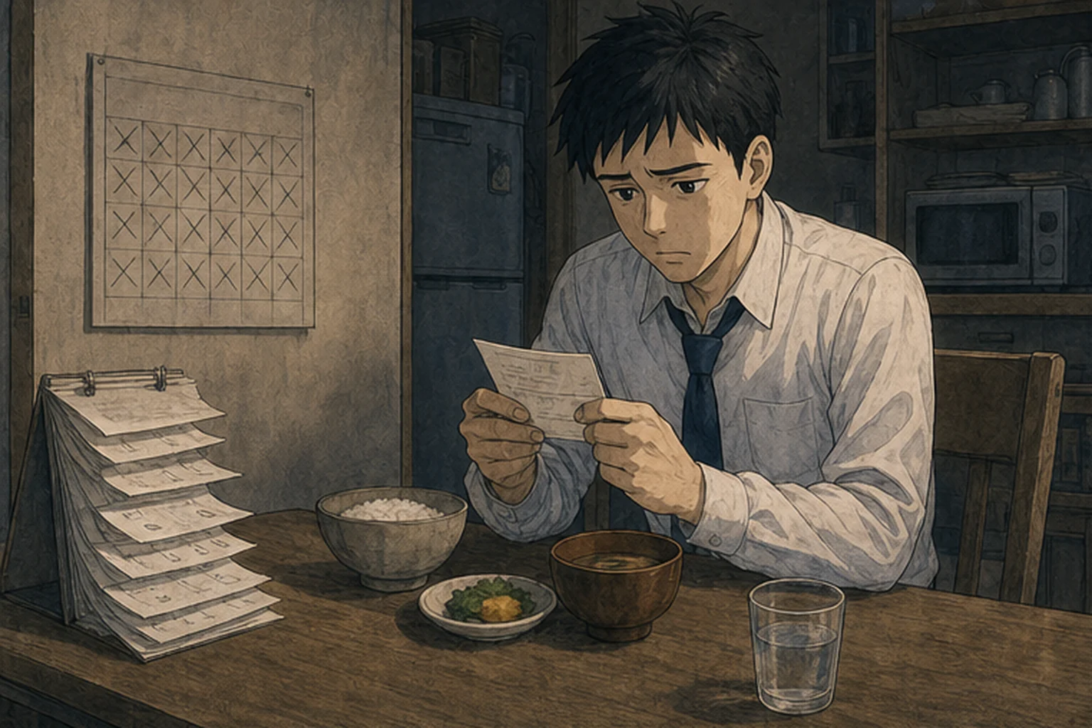 長く働いた後の少ない給与明細を見つめる社員のイラスト