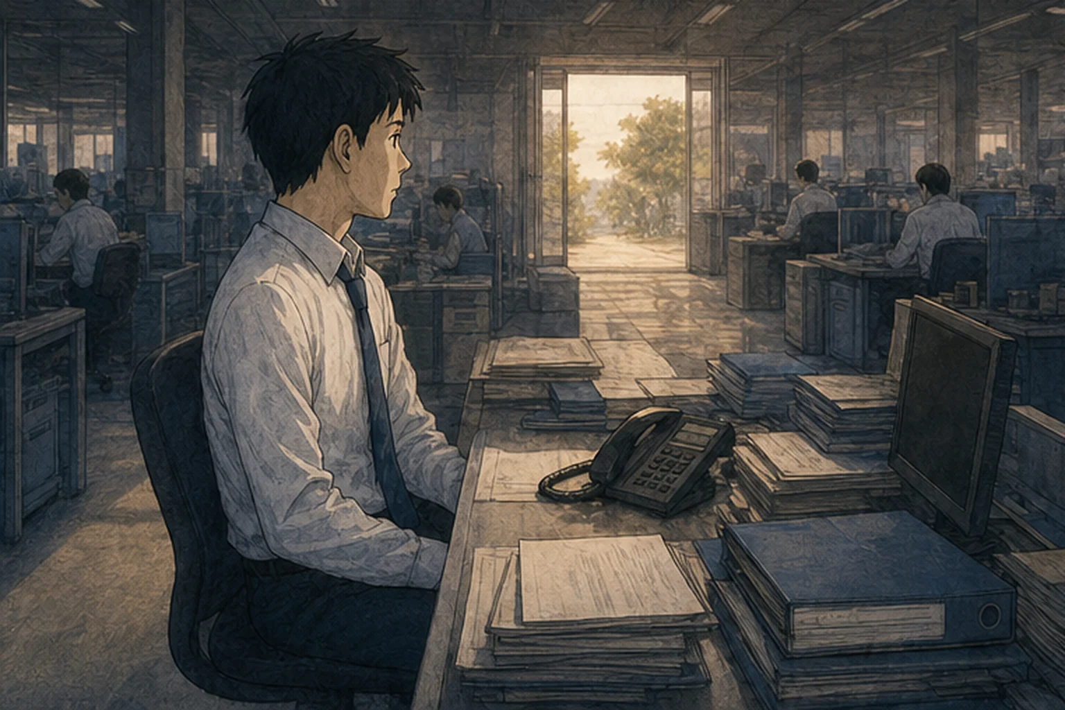 最終出社日に仕事へ気持ちが向かず出口を見つめる社員のイラスト