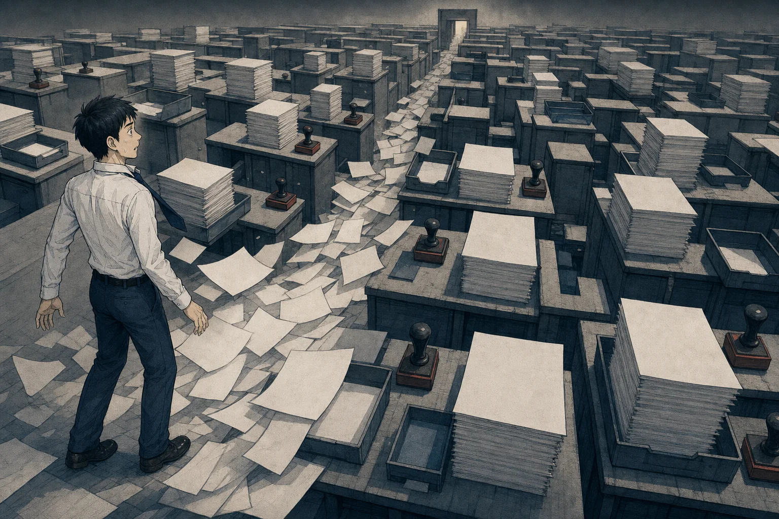 イラスト:承認書類と机でできた迷路の入口へ押し戻される若い営業社員