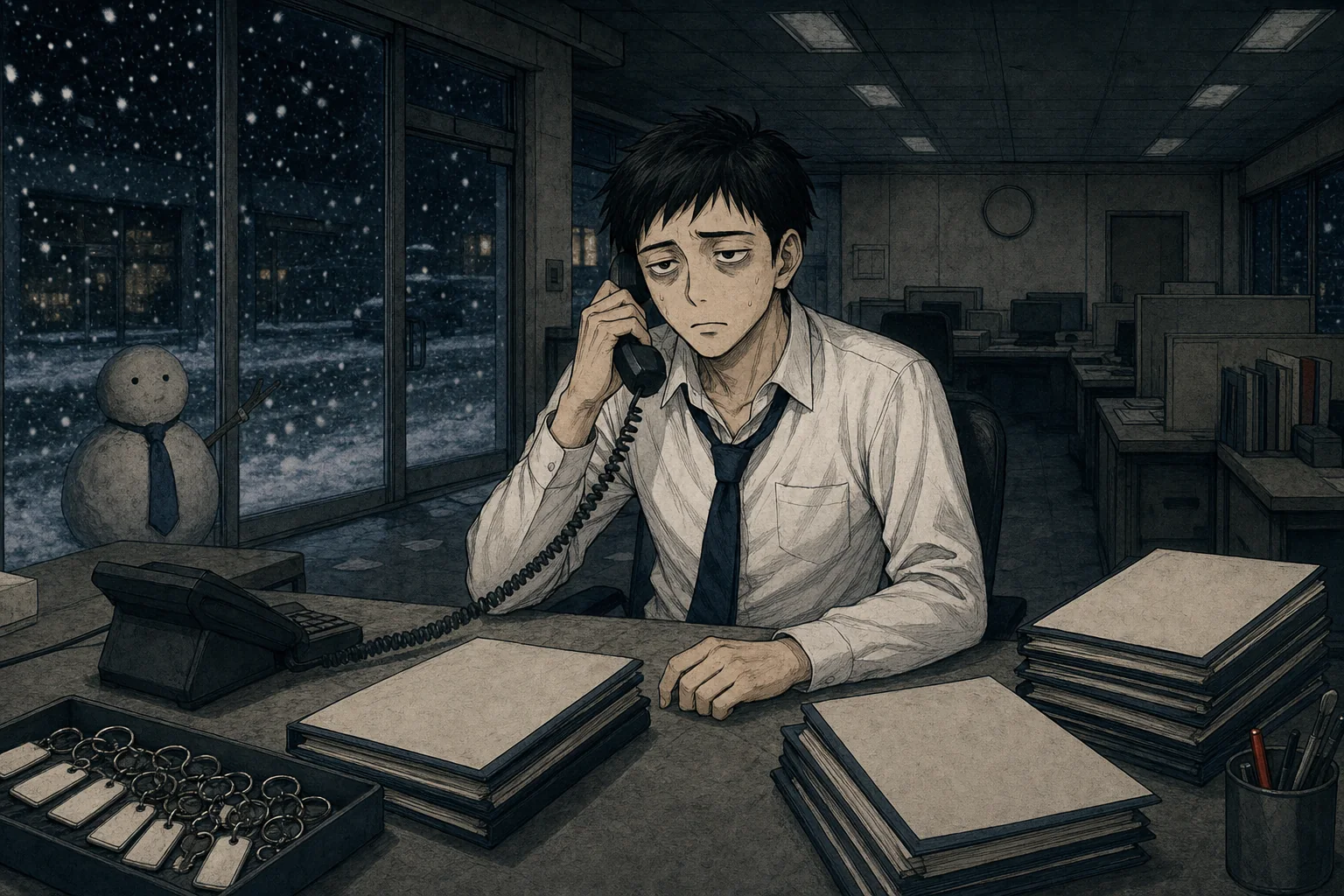 イラスト:雪の深夜、電話と契約書に囲まれて働き続ける若い営業社員
