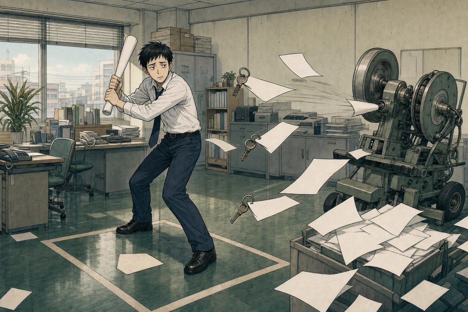 イラスト:不動産店舗の打席で契約書や鍵束に向き合う若い営業社員