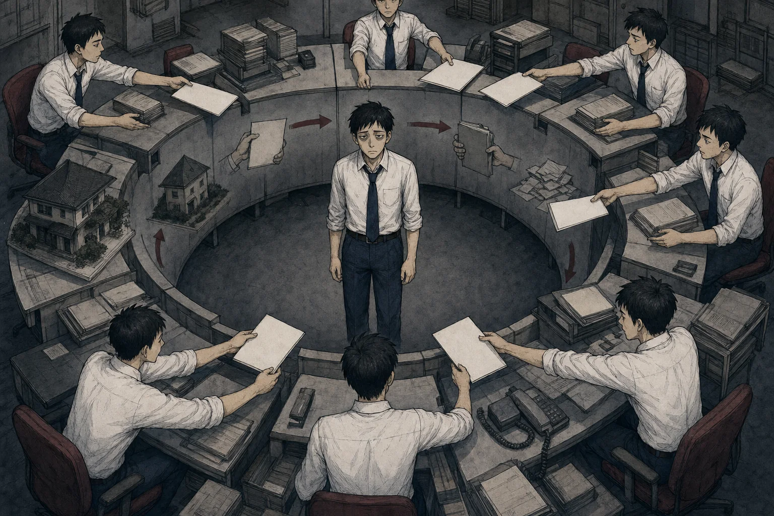 イラスト:契約書をリレーして穴を埋め続ける終わらない業務の循環