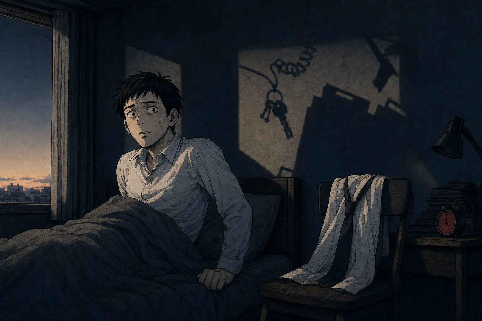 イラスト:夜明け前、電話線や鍵束の影の中で悪夢から目覚める男性