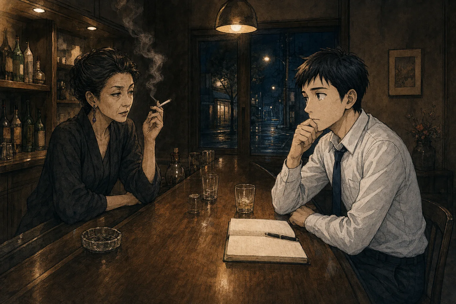 閉店後の青森のスナックで元ママと若い社員が話す場面のイラスト