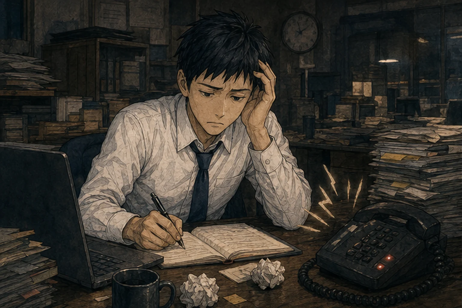 忙しい仕事の合間に会社ブログを書く若い社員のイラスト