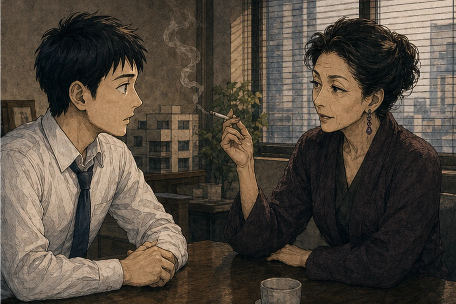 不動産会社を訪れ若い社員と話す元スナックのママのイラスト