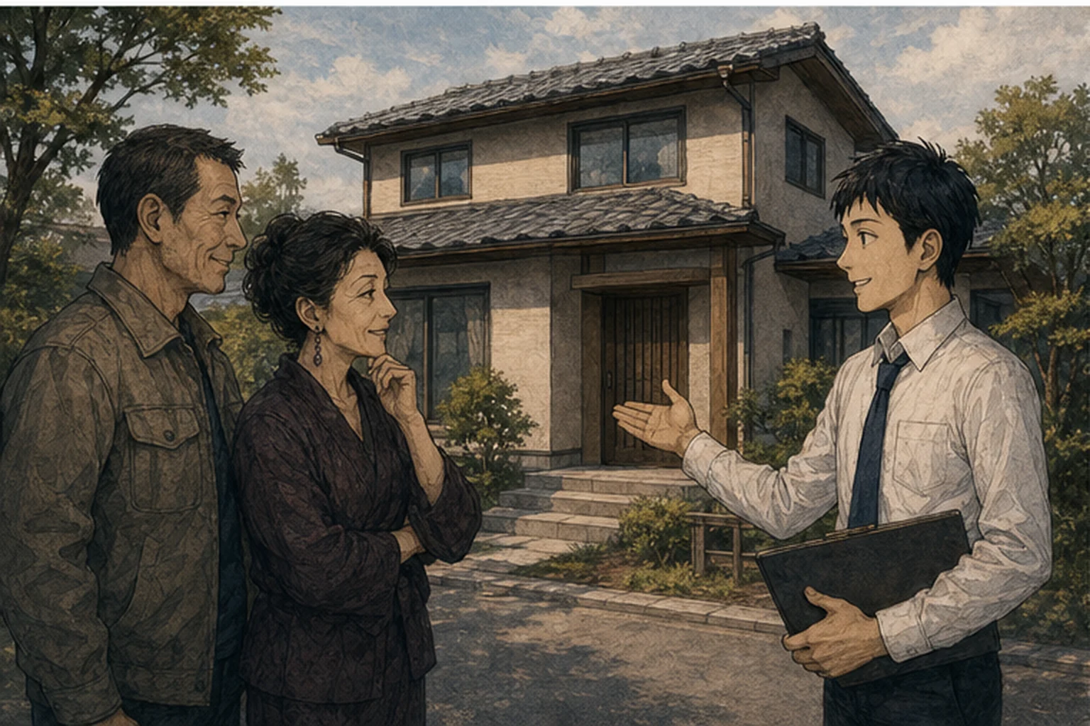 新しい家の前で土地と建築計画を案内する若い社員のイラスト