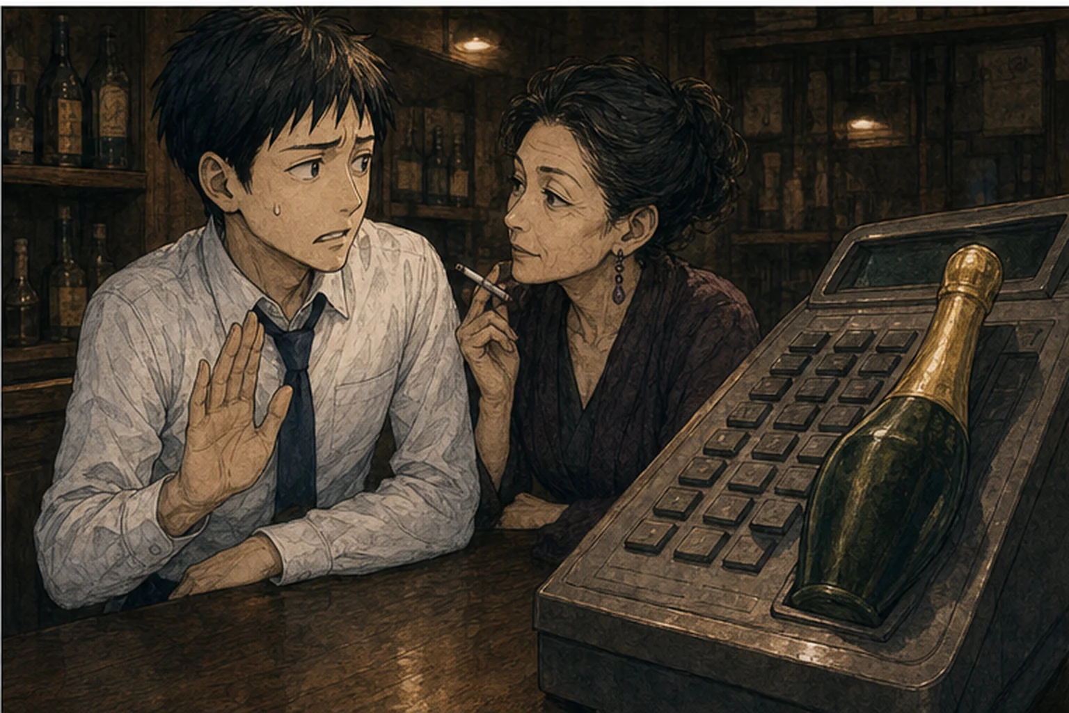 飲みの誘いを断る口実に悩む若い社員の風刺イラスト