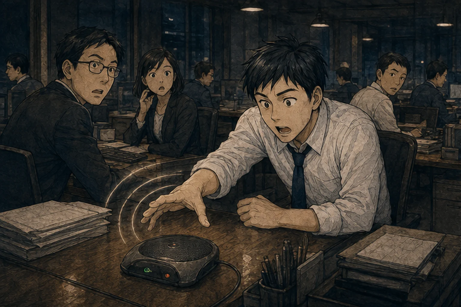 スピーカーホンの声に社内の全員が振り向く場面のイラスト