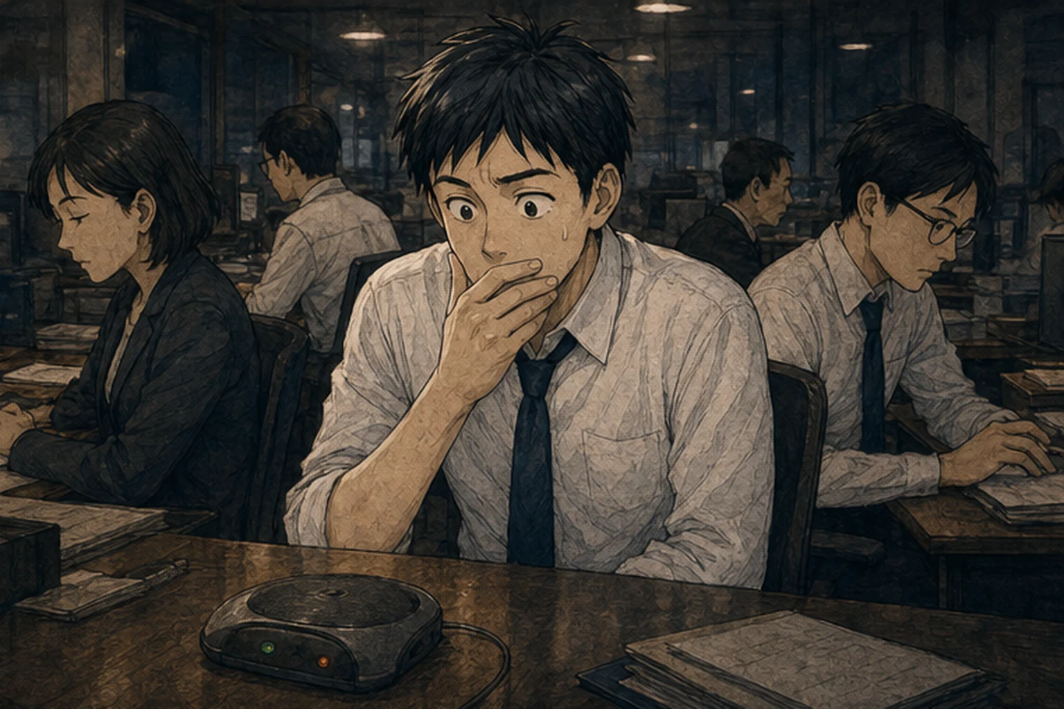 私的な電話の内容が社内へ聞こえていたと気づく若い社員のイラスト