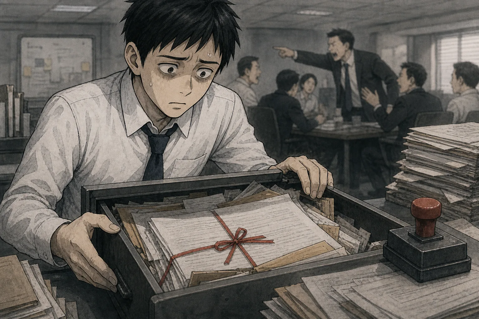 書類であふれた机の引き出しから紛失した契約書が見つかる場面のイラスト