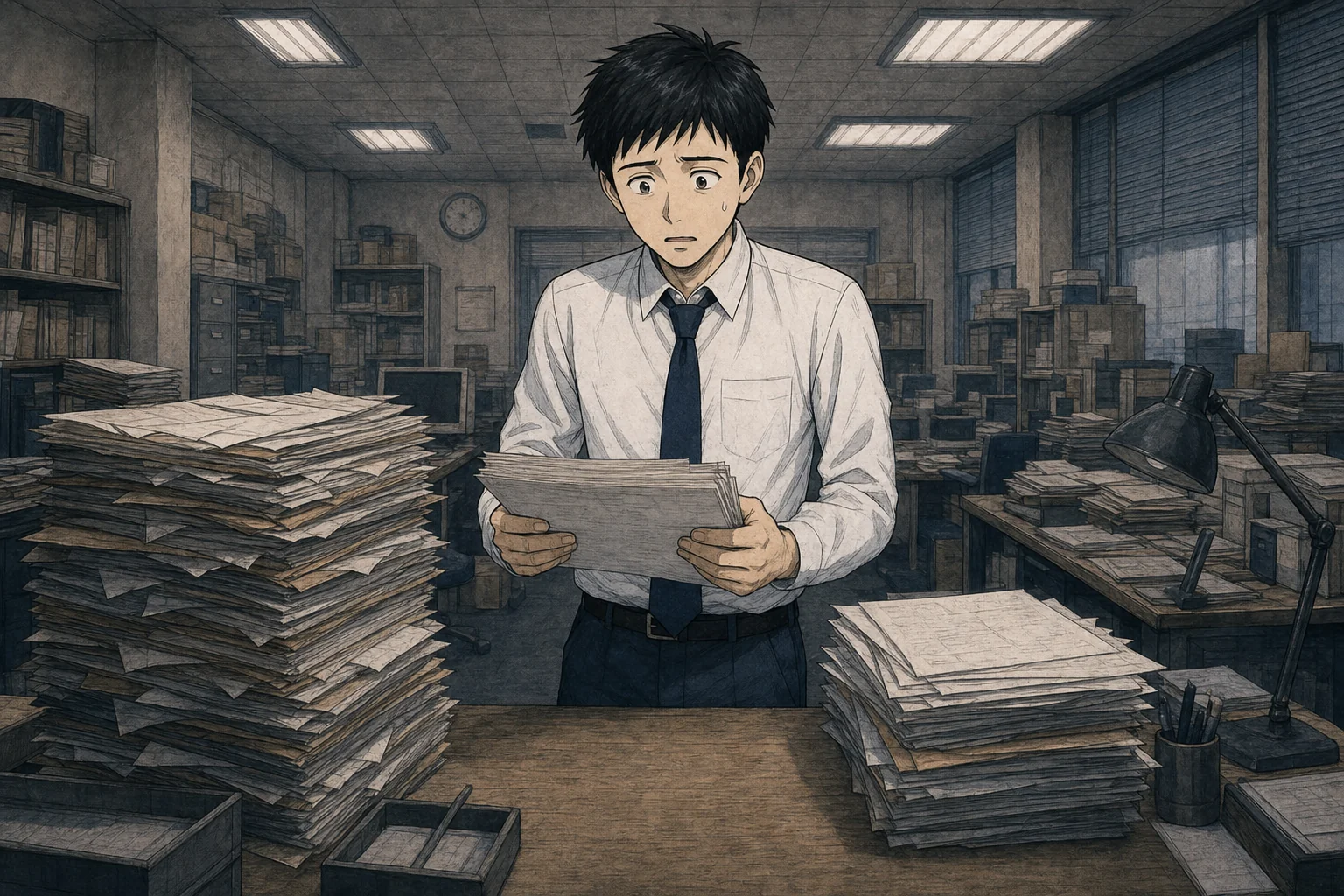 法人と個人の保険書類の山を前に不安を感じる若い社員のイラスト