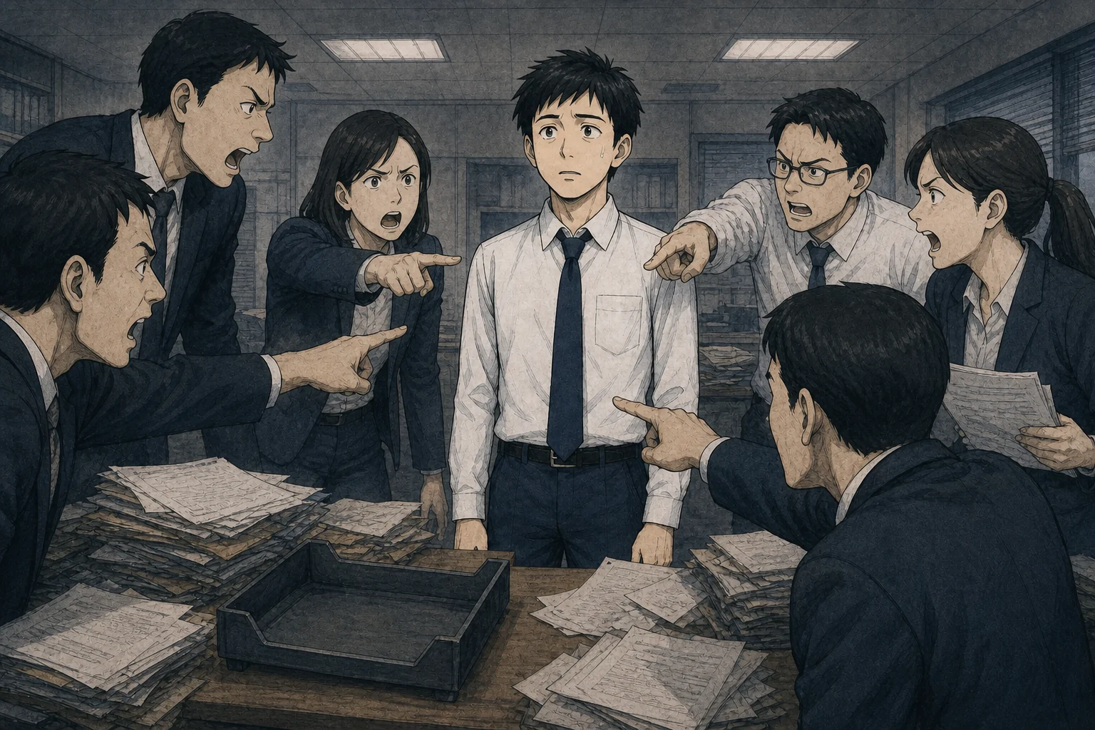 紛失書類について同僚たちから突然責められる若い社員のイラスト