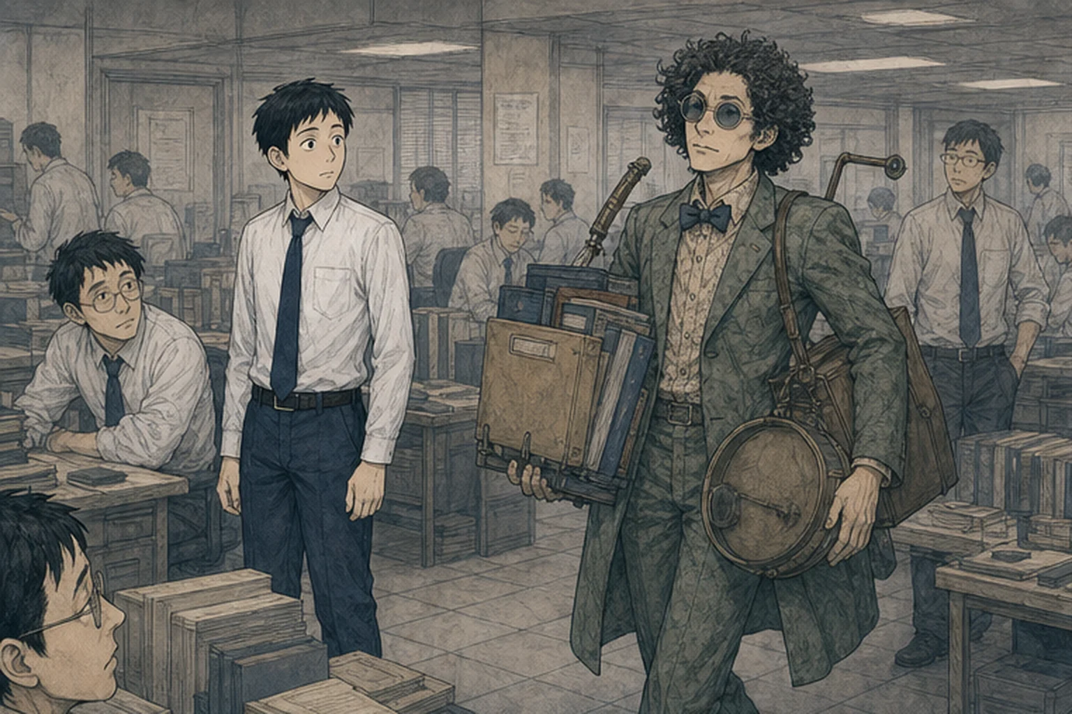 少し風変わりな同僚が書類を抱えて職場へ入るイラスト