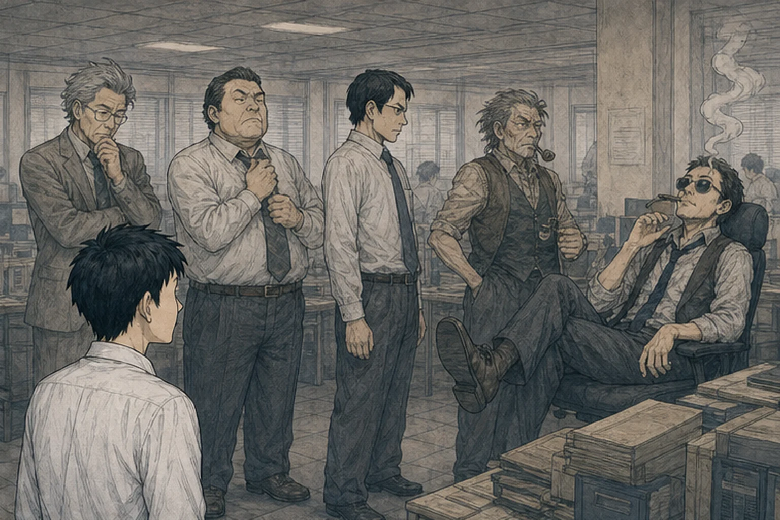 個性の異なる管理職たちを若い社員が見つめる群像イラスト