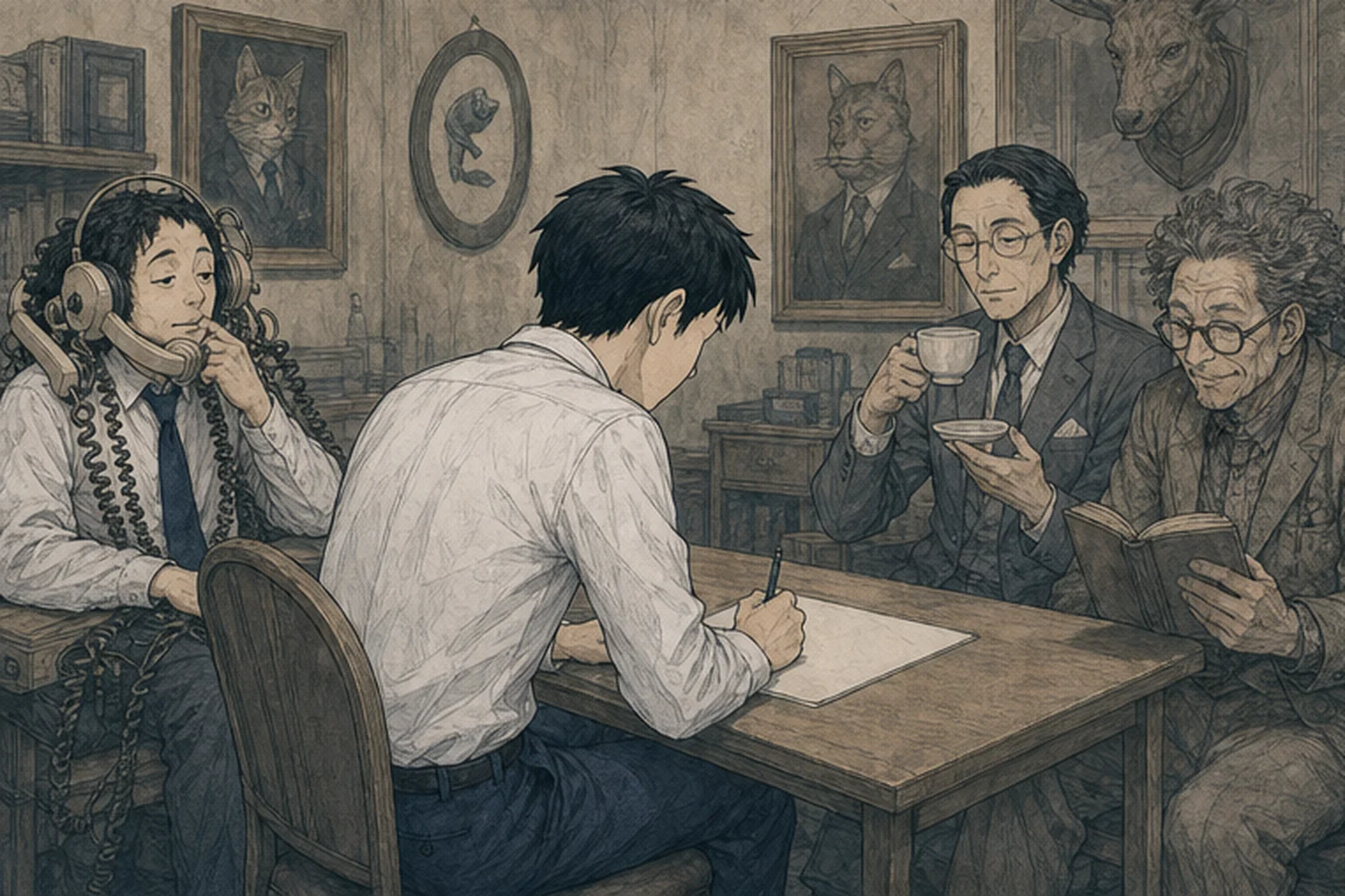 独特な面接の場で採用書類へ向き合う若い社員のイラスト