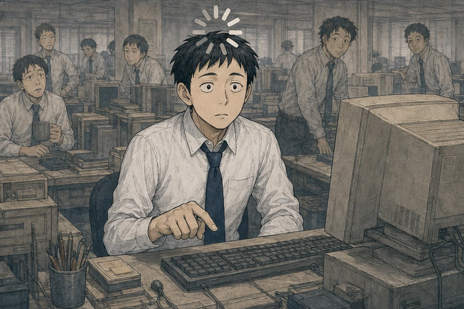 机の前で考え込み動きが止まった同僚を描くイラスト