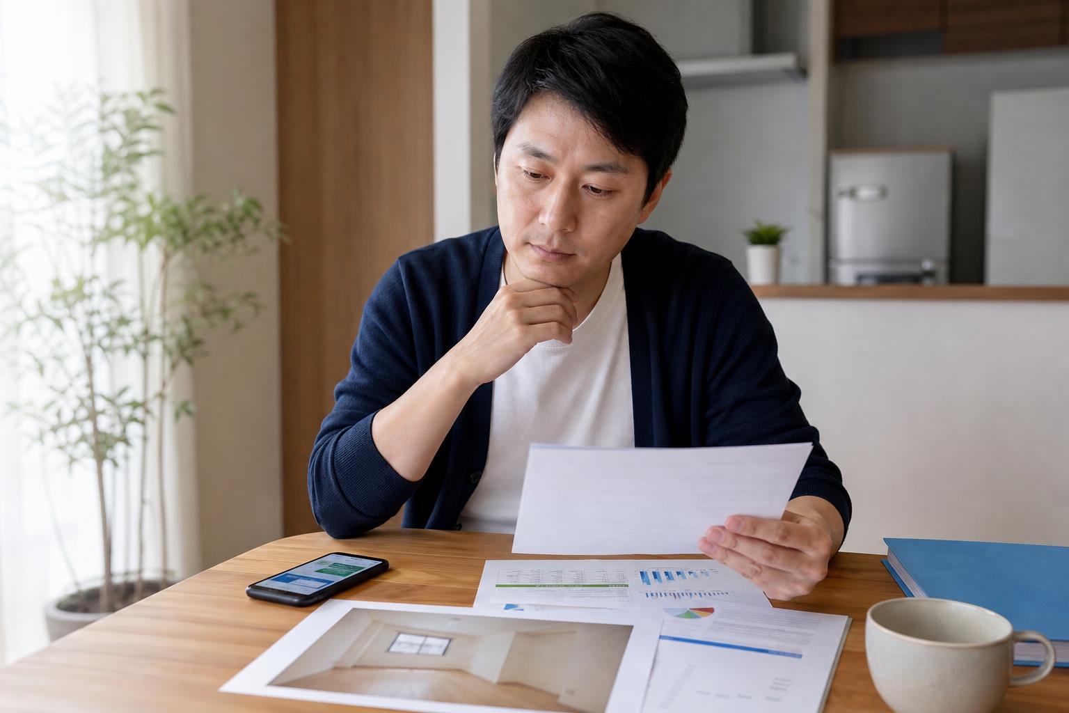 賃貸経営の資料を見て悩む大家さんのイメージ