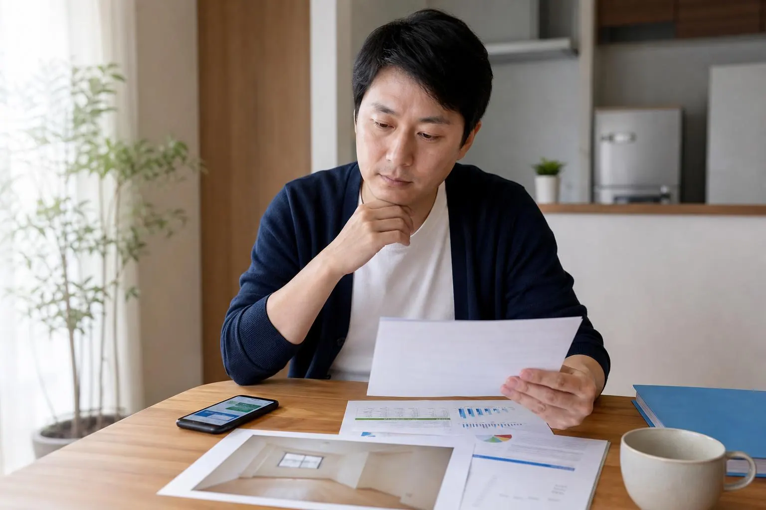 賃貸経営の資料を見て悩む大家さんのイメージ