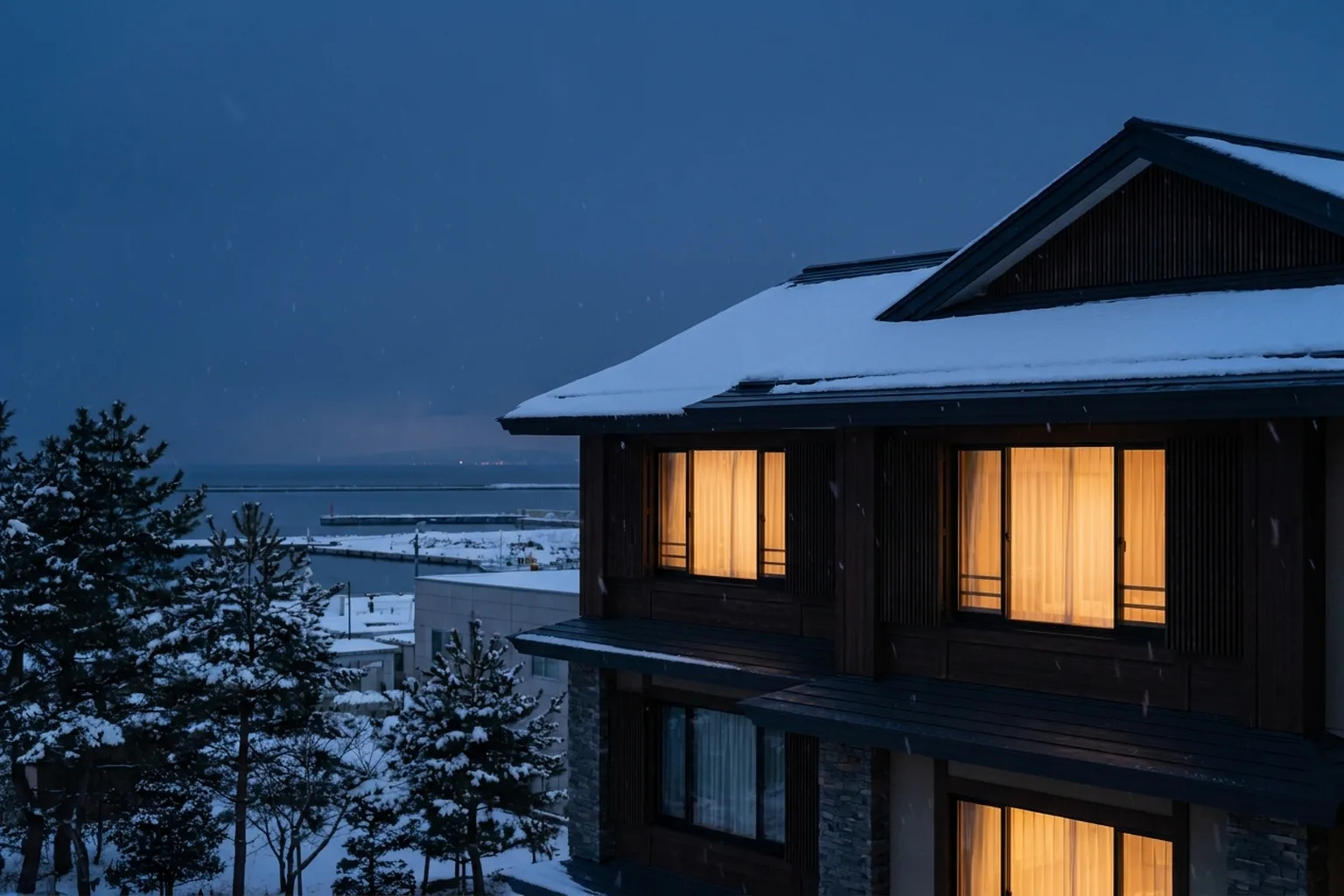 雪の降る青森の集合住宅と紺の夕景をまとめた愛和アセットのキービジュアル