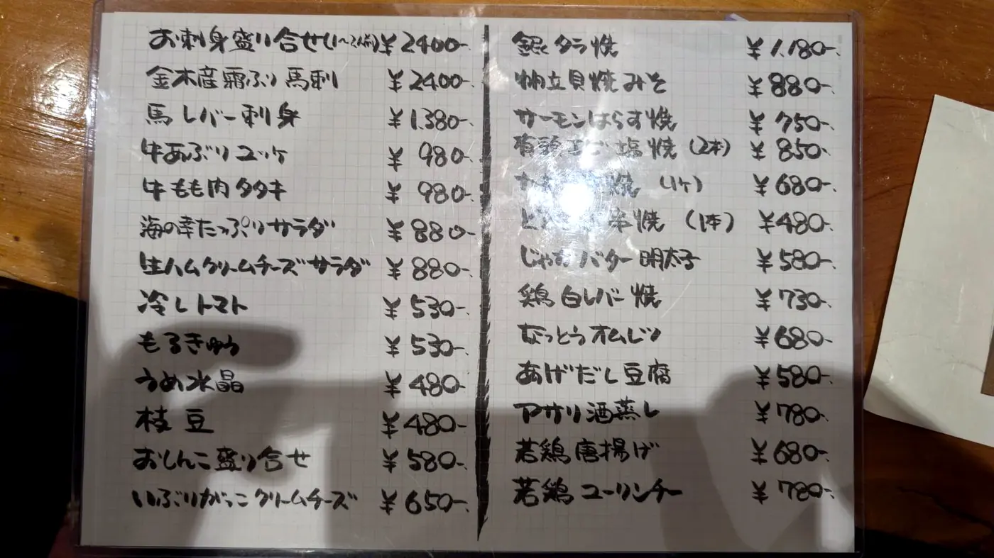定番メニューの品書き（刺身・サラダ・小鉢）