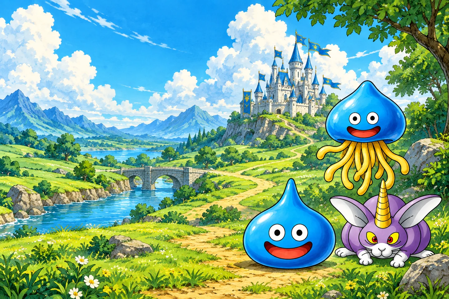 城へ続く草原に集まるスライム・ホイミスライム・アルミラージのファンアート