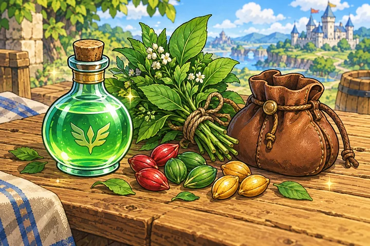 薬草と色とりどりの種、道具袋のイメージイラスト