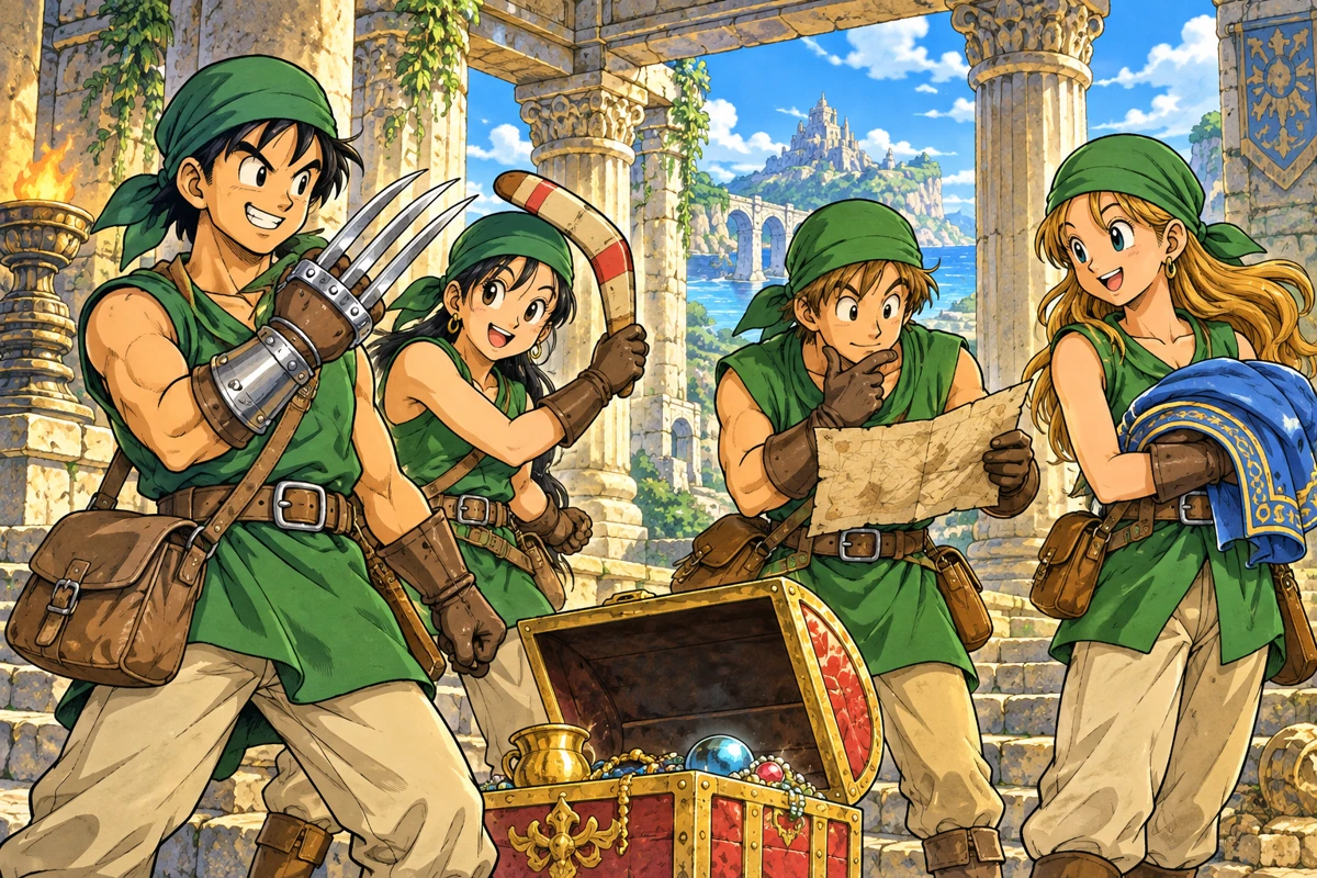 ツメやブーメランを装備した4人の盗賊が古代の神殿で身構えるオリジナルイラスト
