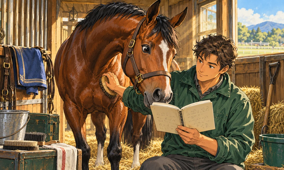 厩舎でノートを見ながら馬を世話する調教師のイラスト